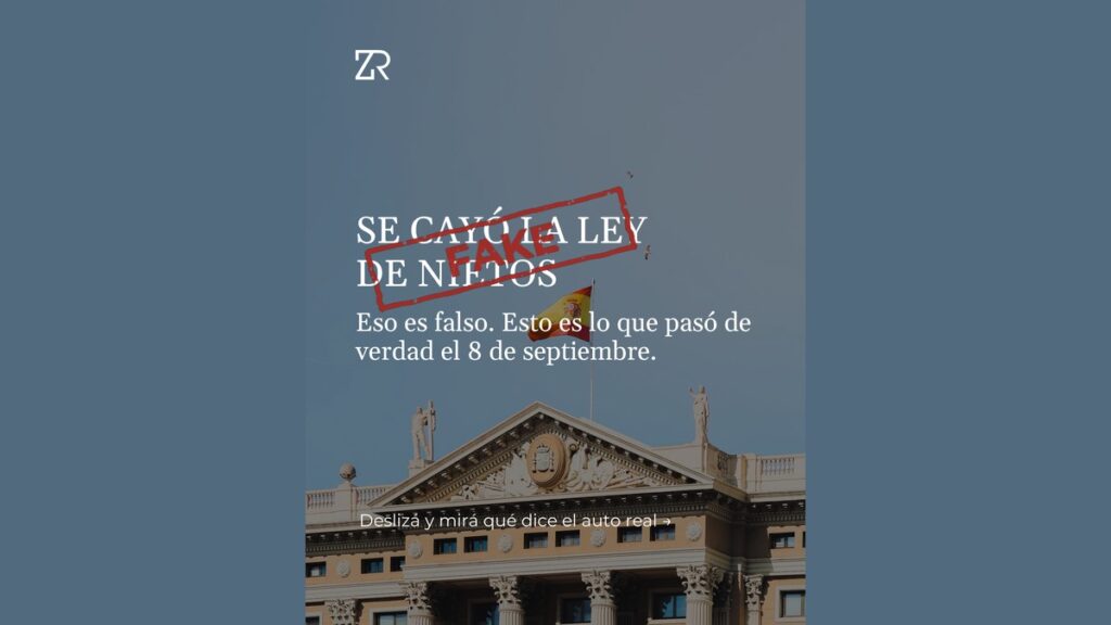 Portada del carrusel 'Se cayó la Ley de Nietos: eso es falso', con sello FAKE sobre la foto de un edificio institucional español con la bandera de España