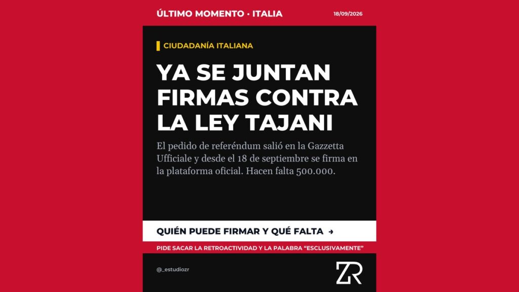 Portada estilo noticiero 'Último momento Italia - Ya se juntan firmas contra la Ley Tajani', banda roja de breaking news