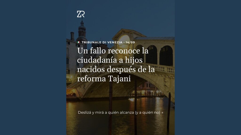 Portada del carrusel 'Un fallo reconoce la ciudadanía a hijos nacidos después de la reforma Tajani - Tribunale di Venezia', con el puente de Rialto iluminado de noche