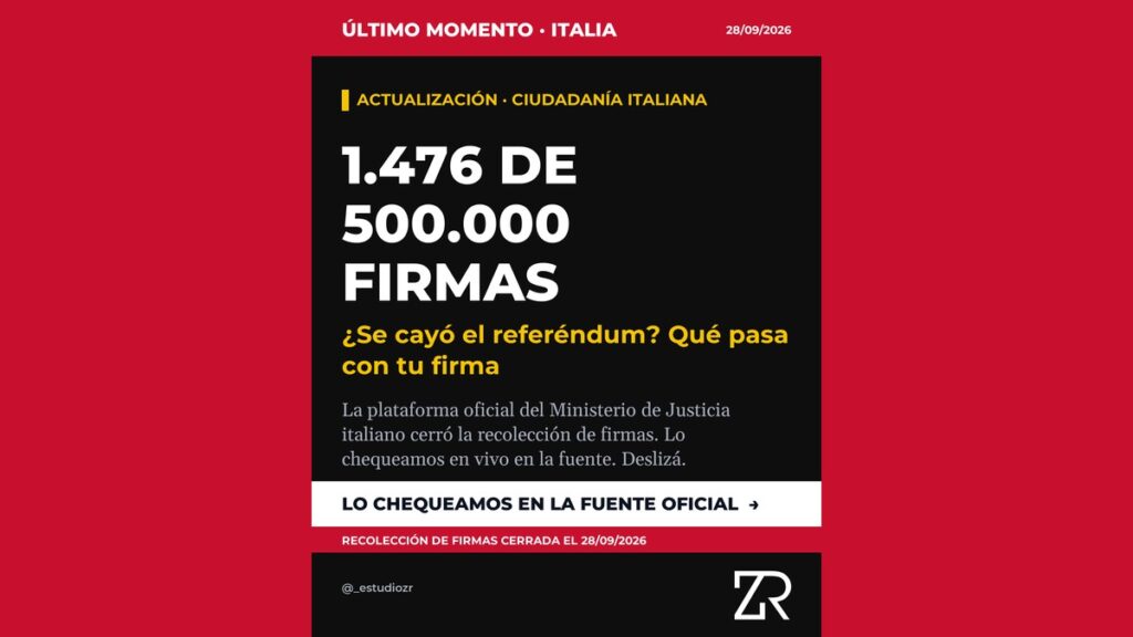 Portada estilo noticiero 'Último momento Italia - 1.476 de 500.000 firmas, se cayó el referéndum', banda roja de breaking news